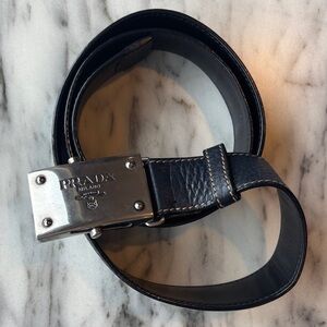 Prada Black Leather Belt with Metallic Buckle